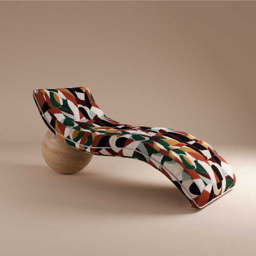 ballé chaise lounge upholstered in cotton velvet walnut wood and oak wood sphere