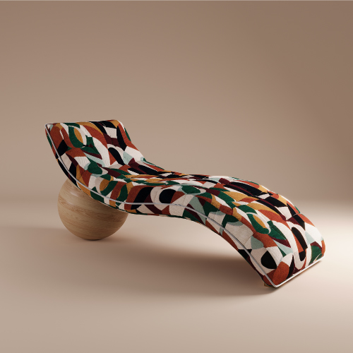 ballé chaise lounge upholstered in cotton velvet walnut wood and oak wood sphere